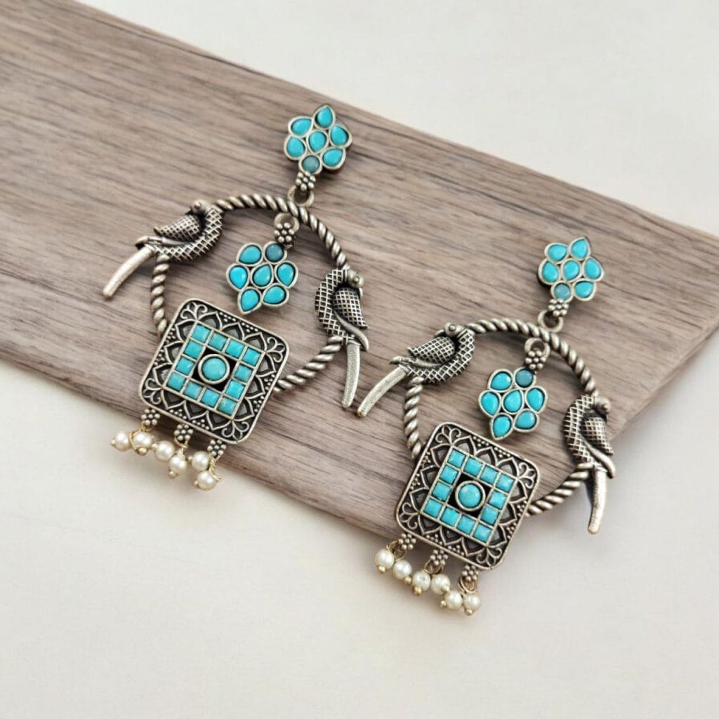 Bulk 566 Silver Replica Peacock Style Earrings | Adorable Traditional Dangler Stud Jewelry - "Mint"