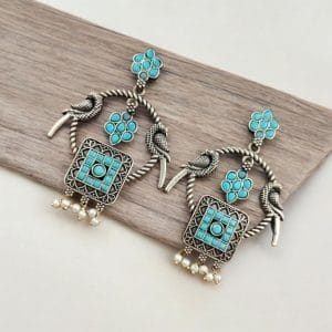 Silver Replica Peacock Style Earrings | Adorable Traditional Dangler Stud Jewelry - Color: "Mint"