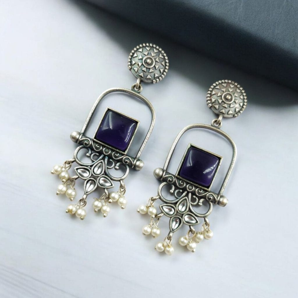 Bulk 522 Silver Look Like Oxidised Earrings - Best Trendy Dangler Jewelry - "Amethyst"