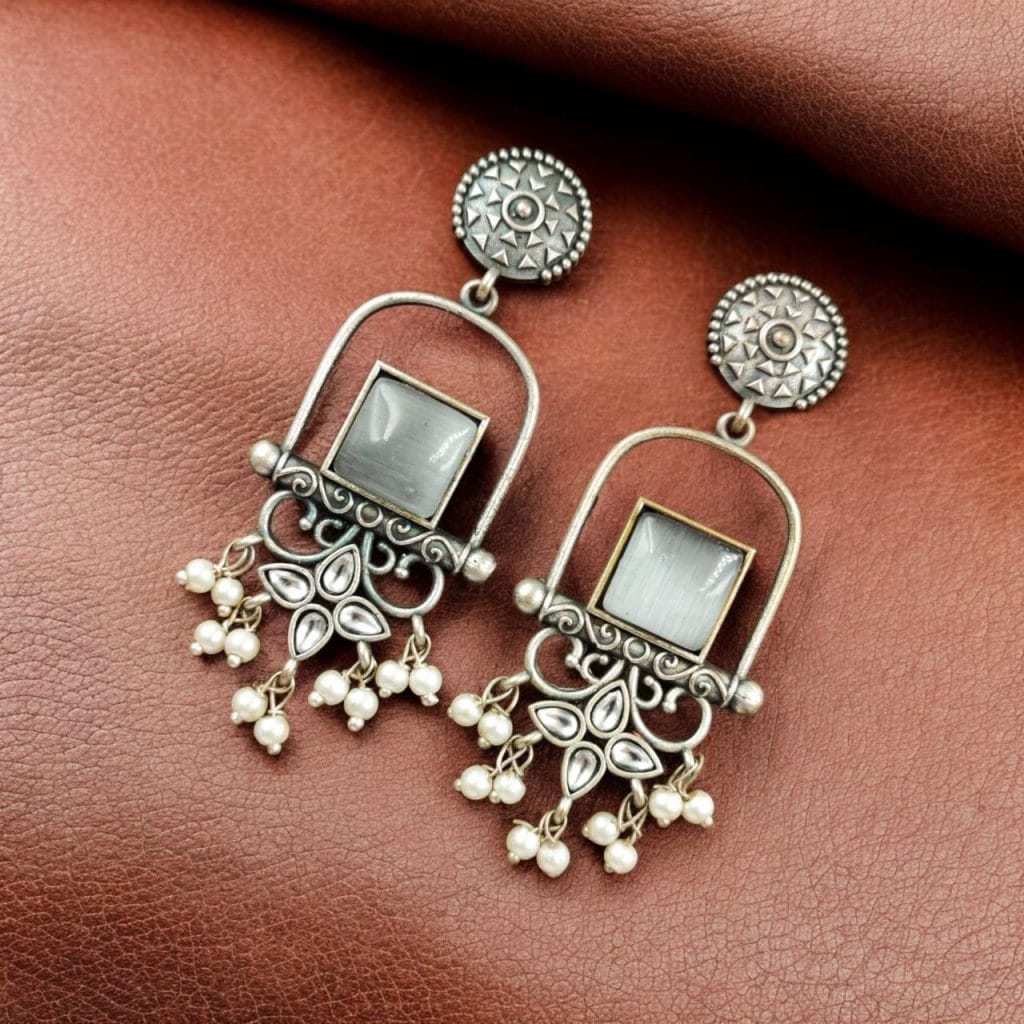 Traditional Silver Oxidised Dangle Earrings For Women