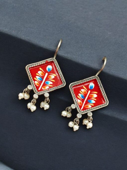 Ethnic Jewelry | Hand-Painted Earrings | Oxidised Silver Replica Hook Earring