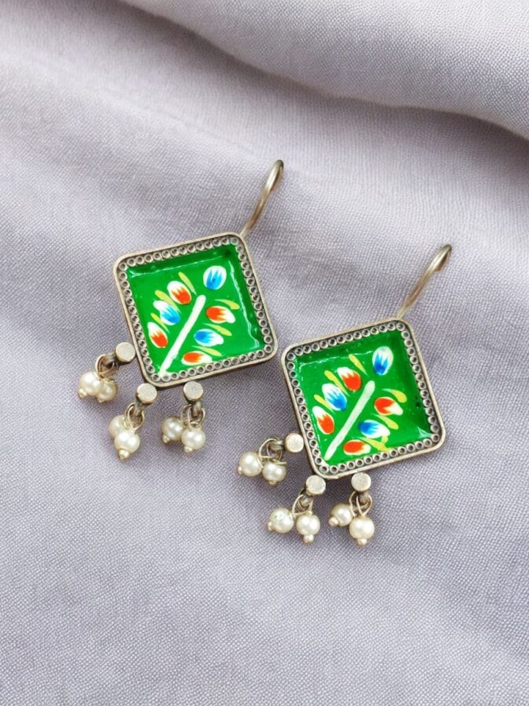 Bulk 544 Best Ethnic Jewelry | Hand-Painted Earrings | Oxidised Silver Replica Hook Earring - "Green"