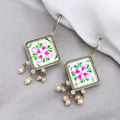 Ethnic Jewelry | Hand-Painted Earrings | Oxidised Silver Replica Hook Earring