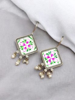 Ethnic Jewelry | Hand-Painted Earrings | Oxidised Silver Replica Hook Earring