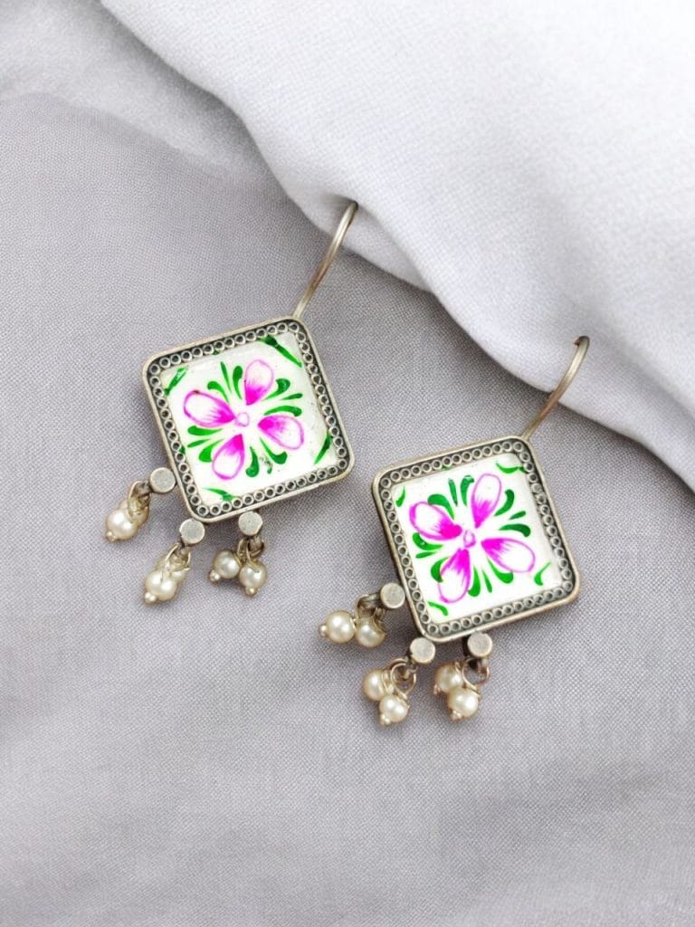 Best Ethnic Jewelry | Hand-Painted Earrings | Oxidised Silver Replica Hook Earring