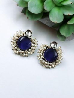 Designer Monalisa Stone Hand Made Stud Earrings With Pearls Beads