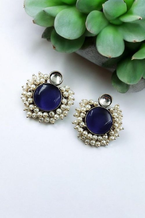 Designer Monalisa Stone Hand Made Stud Earrings With Pearls Beads
