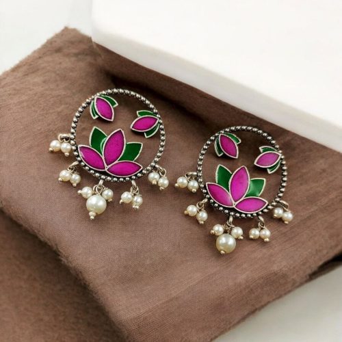 Premium Quality Handpainted Flower Stud Earrings | Silver Replica Jewelry