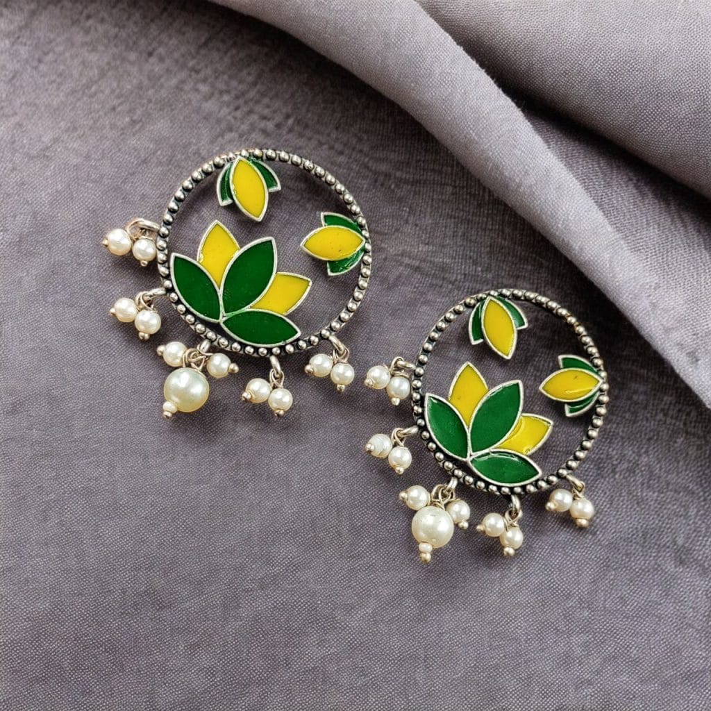Bulk 536 Premium Quality Handpainted Flower Stud Earrings | Silver Replica Jewelry - "Yellow-Green"