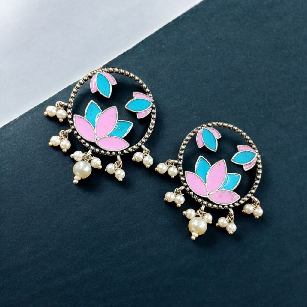 Bulk 538 Premium Quality Handpainted Flower Stud Earrings | Silver Replica Jewelry - "Pink-Aqua"