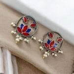 Premium Quality Handpainted Flower Stud Earrings | Silver Replica Jewelry - "Red-Blue"