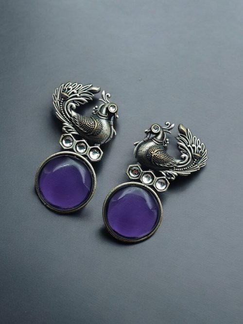 Oxidized Peacock Style Earrings | Silver Replica Stone Stud Jewelry