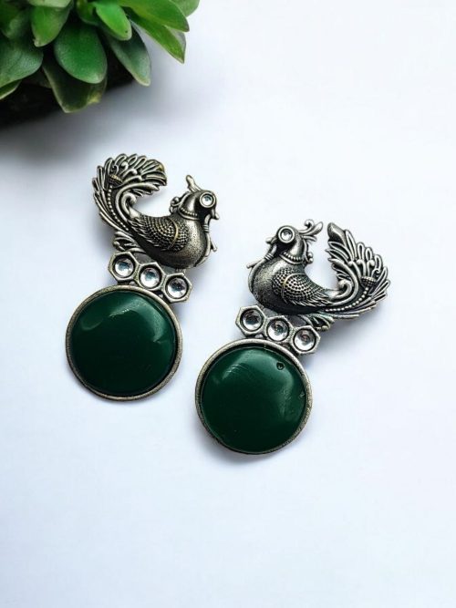 Oxidized Peacock Style Earrings | Silver Replica Stone Stud Jewelry
