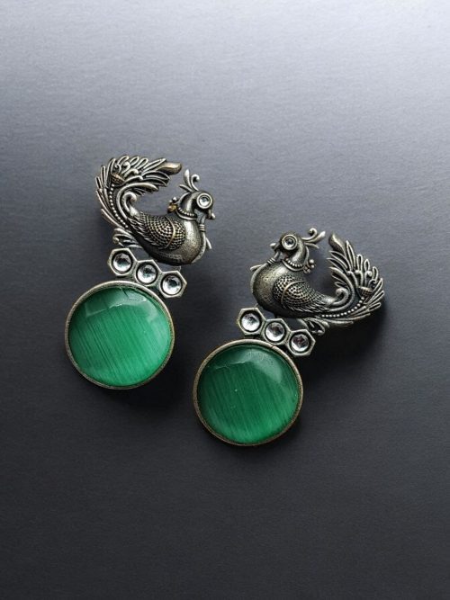 Oxidized Peacock Style Earrings | Silver Replica Stone Stud Jewelry