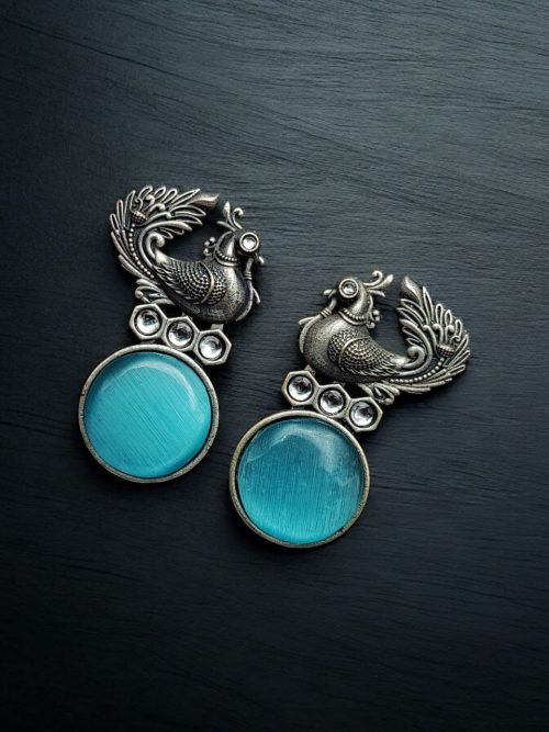 Oxidized Peacock Style Earrings | Silver Replica Stone Stud Jewelry