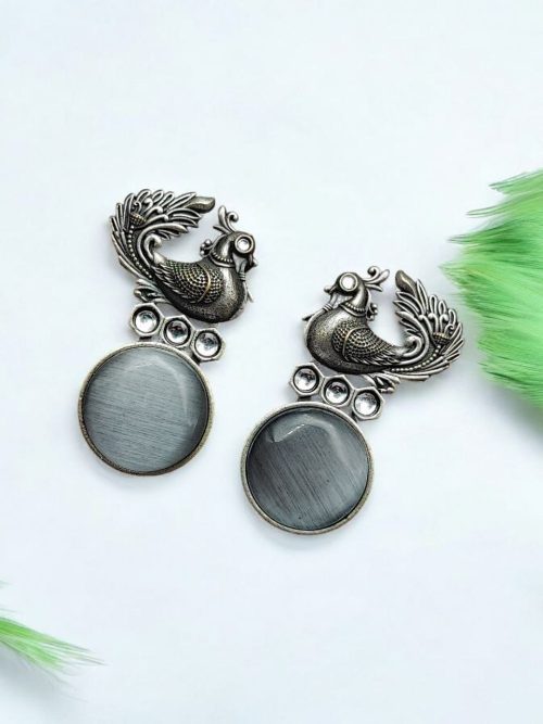 Oxidized Peacock Style Earrings | Silver Replica Stone Stud Jewelry
