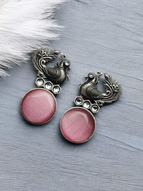 Oxidized Peacock Style Earrings | Silver Replica Stone Stud Jewelry
