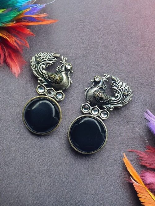 Oxidized Peacock Style Earrings | Silver Replica Stone Stud Jewelry