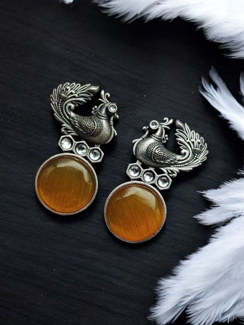 Oxidized Peacock Style Earrings | Silver Replica Stone Stud Jewelry