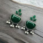 Silver Look alike Stone Earrings | Best Oxidised Stud Jewelry - "Green"
