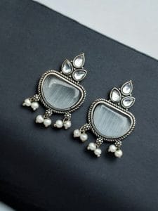 Silver Look alike Stone Earrings | Best Oxidised Stud Jewelry - Color: "Grey"