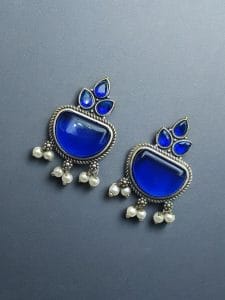 Silver Look alike Stone Earrings | Best Oxidised Stud Jewelry - Color: "Blue"