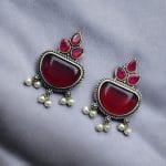 Silver Look alike Stone Earrings | Best Oxidised Stud Jewelry - "Red"