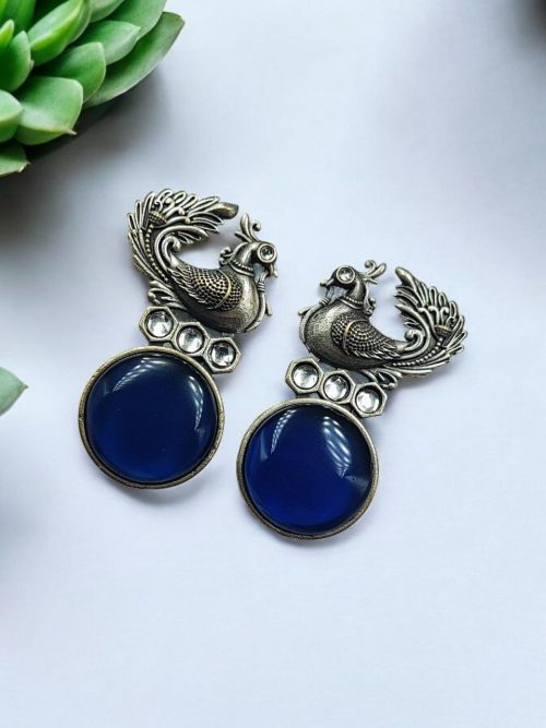 Oxidized Peacock Style Earrings | Silver Replica Stone Stud Jewelry