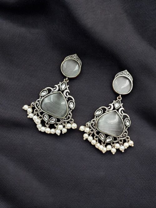 Premium Silver Replica Earrings | Best Monalisa Stones Oxidised Dangler Earring