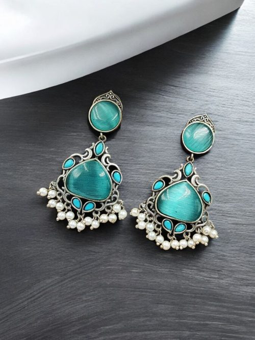 Premium Silver Replica Earrings | Best Monalisa Stones Oxidised Dangler Earring
