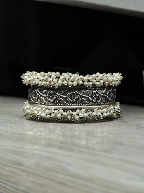 Handmade Cuff Bangle Silver Replica Floral Art | Pearl Work Bracelet