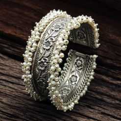 Handmade Cuff Bangle Silver Replica Floral Art | Pearl Work Bracelet