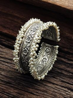 Handmade Cuff Bangle Silver Replica Floral Art | Pearl Work Bracelet