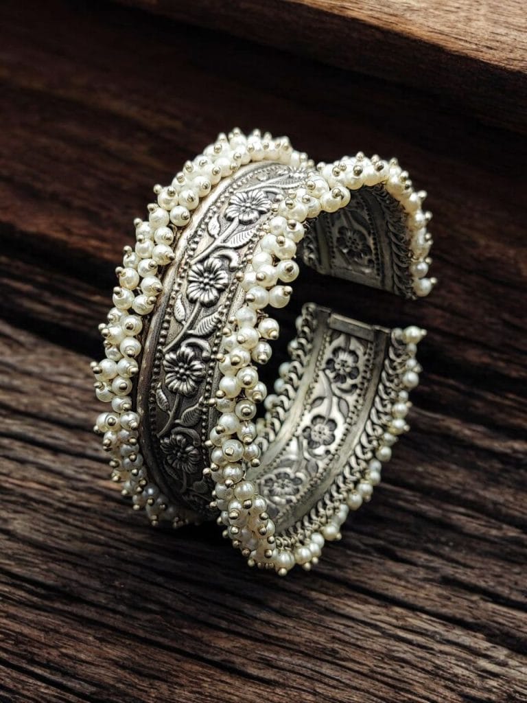 Bulk 512 Handmade Cuff Bangle Silver Replica Floral Art | Unique Pearl Work Bracelet