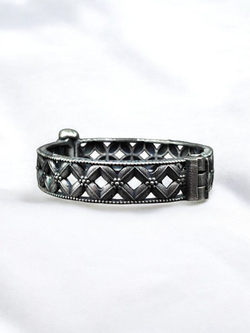 Traditional Silver Kada | Oxidised Flower Design Bangles | Free Size Bracelet