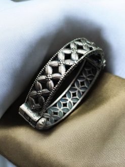 Traditional Silver Kada | Oxidised Flower Design Bangles | Free Size Bracelet