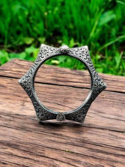 Oxidized free-sized silver replica floral art kada bangle bracelet with intricate floral designs.