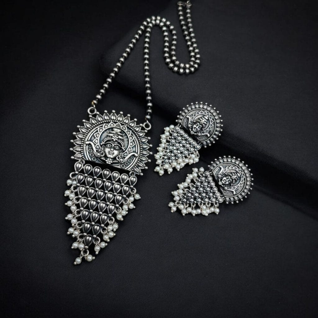 Bulk 504 Silver Replica Lord Durga Pendant Set | Unique Navratri Special Necklace