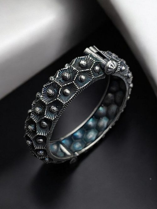 Antique Look Oxidised Kada Bracelet For Girls | Silver Replica Bangle