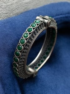 Antique Silver Replica Bracelet | Unique Silver Look Kada Bangle - Color: "Green"