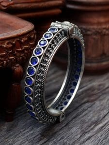 Antique Silver Replica Bracelet | Unique Silver Look Kada Bangle - Color: "Blue"