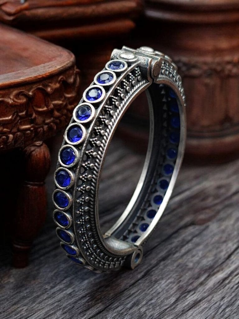 Bulk 498 Antique Silver Replica Bracelet | Unique Silver Look Kada Bangle - "Blue"