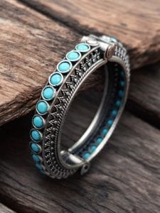 Antique Silver Replica Bracelet | Unique Silver Look Kada Bangle - Color: "Turquoise"
