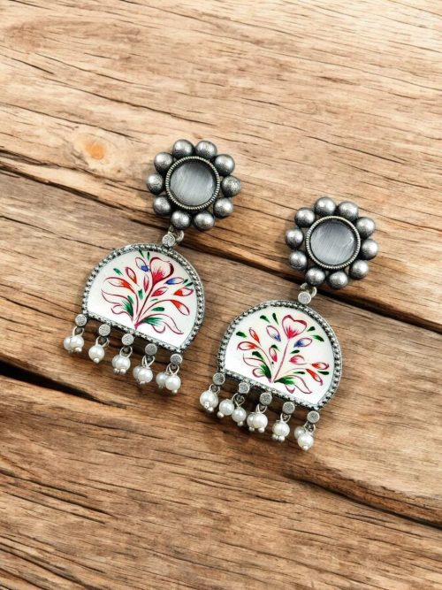 Handpanted Silver Touch Earrings With Stone Stud | Premium Jaipur Jewelry