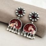 Handpanted Silver Touch Earrings With Stone Stud | Unique Premium Jaipur Jewelry