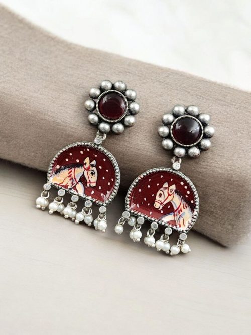 Handpanted Silver Touch Earrings With Stone Stud | Premium Jaipur Jewelry