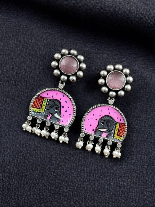 Handpanted Silver Touch Earrings With Stone Stud | Premium Jaipur Jewelry