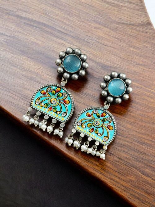 Handpanted Silver Touch Earrings With Stone Stud | Premium Jaipur Jewelry