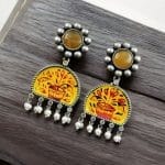 Handpanted Silver Touch Earrings With Stone Stud | Unique Premium Jaipur Jewelry - "Yellow"