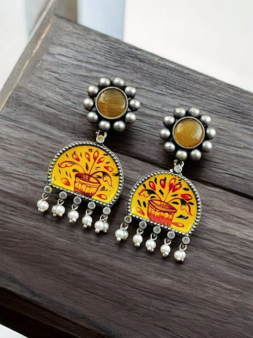 Handpanted Silver Touch Earrings With Stone Stud | Premium Jaipur Jewelry